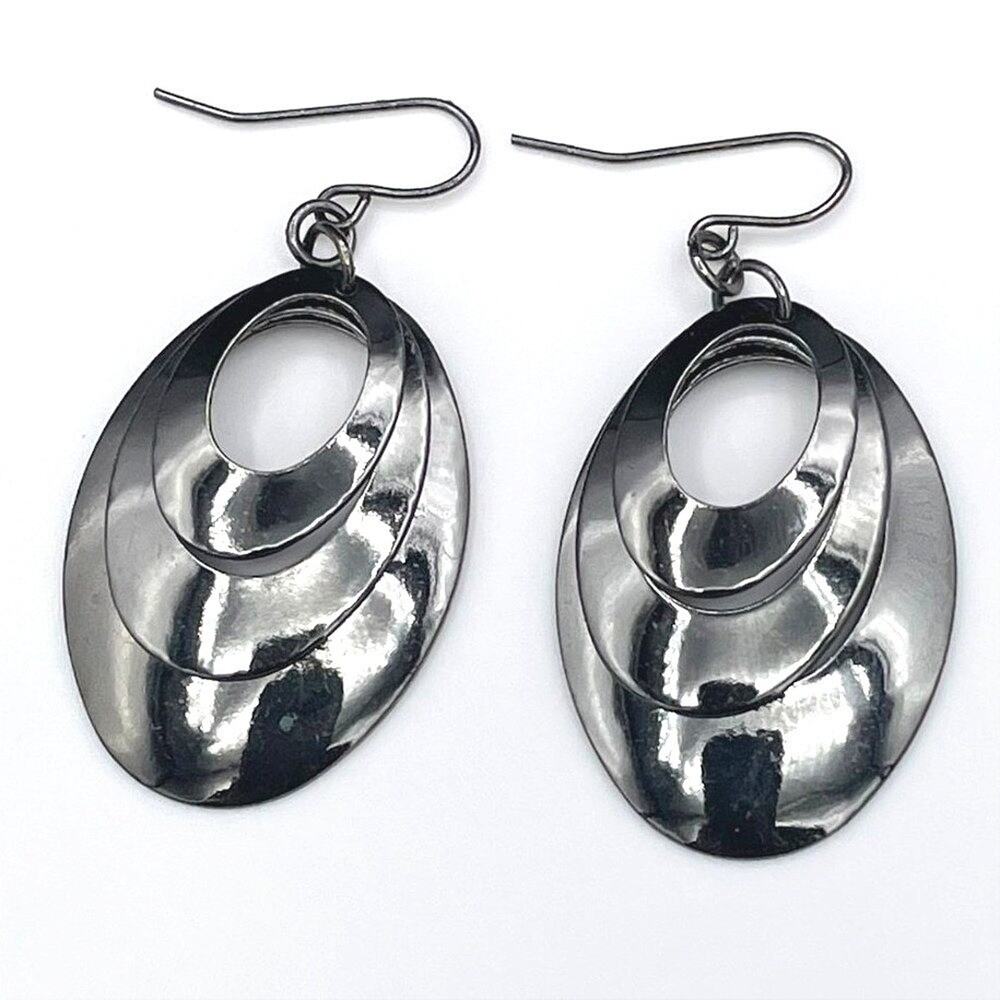 Vintage Gunmetal Black Tone Modern Drop Dark Oval Tiered Dangle Fishhook Retro